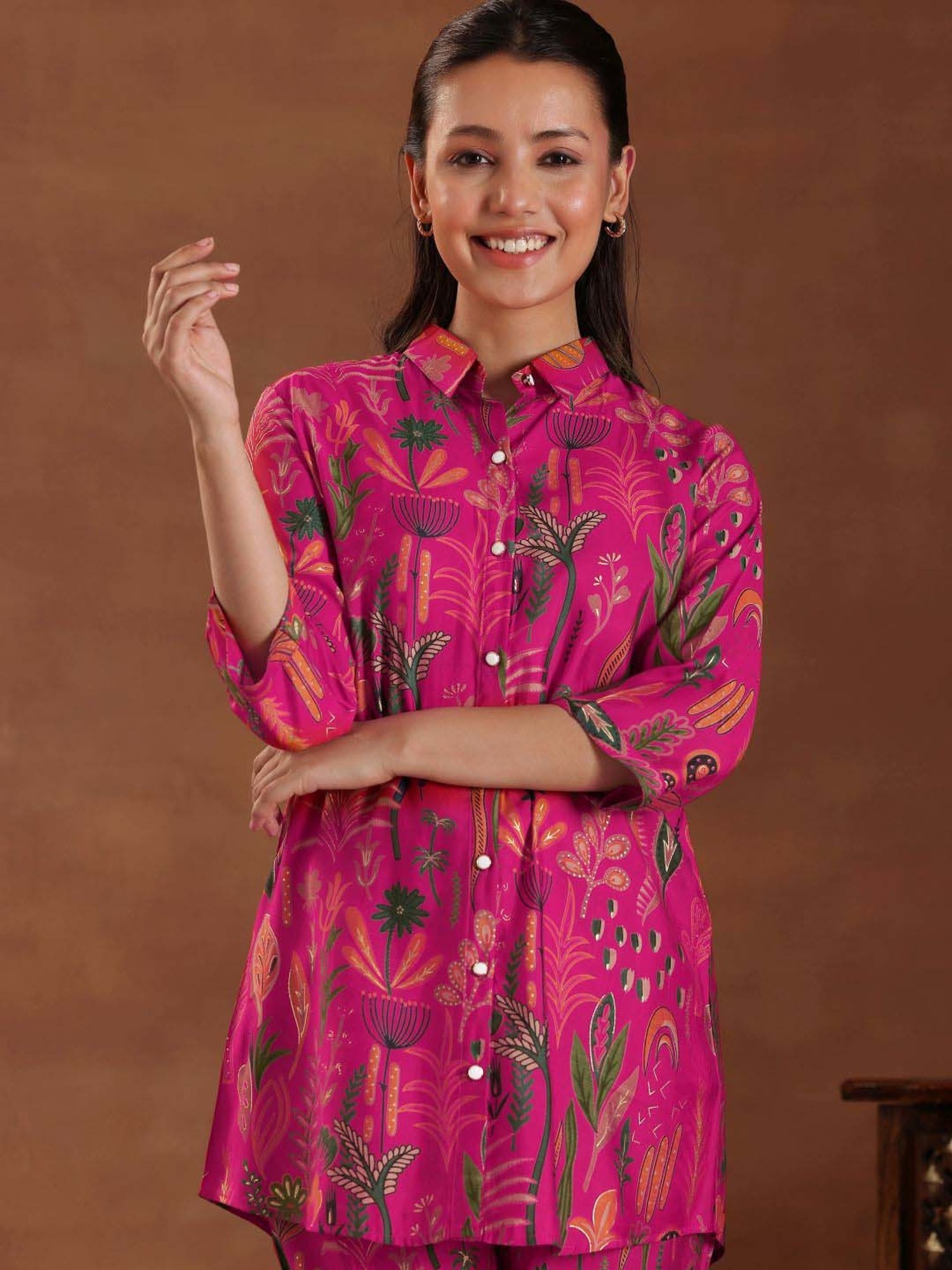 Libas Pink Printed Silk Blend Co-Ords