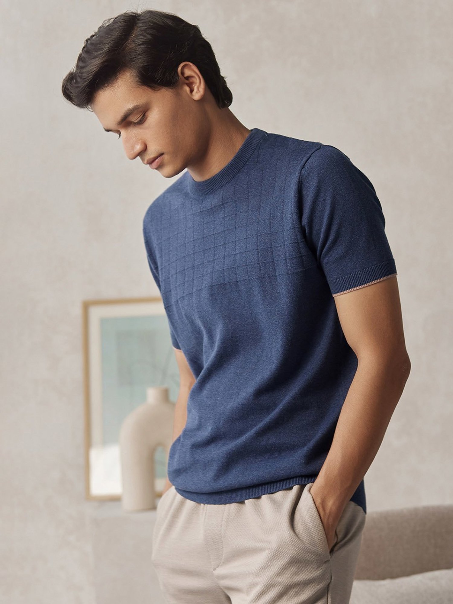 ANDAMEN Navy Regular Fit Textured Cotton Crew T-Shirt