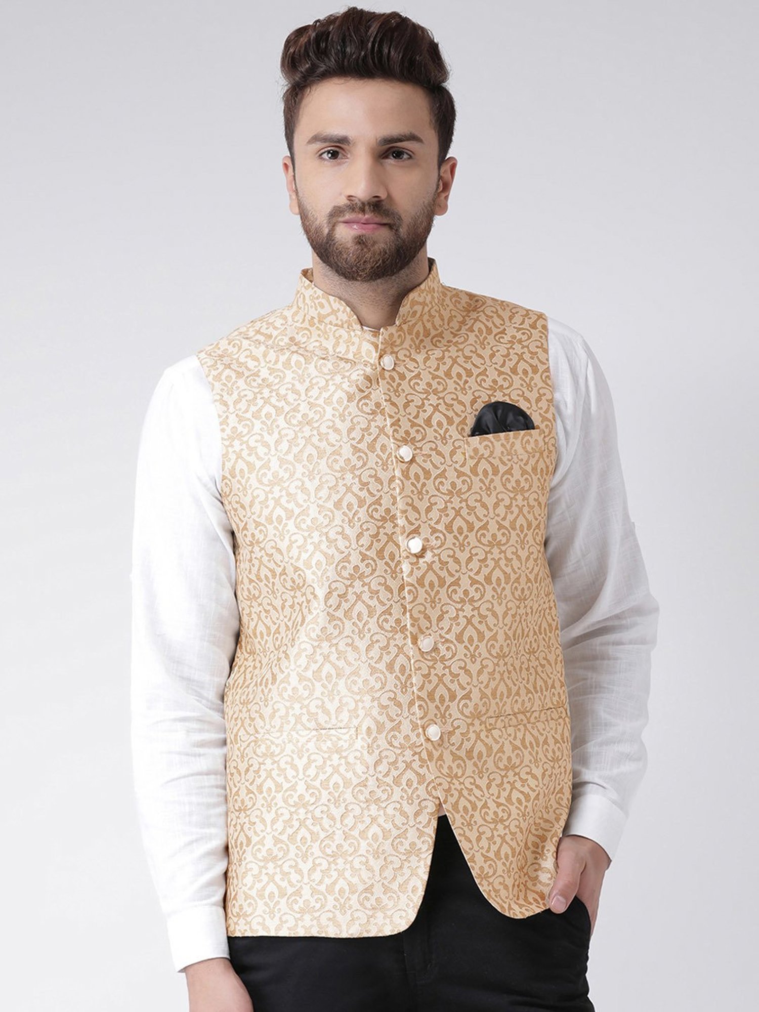 Hangup Plus Beige & Gold Regular Fit Jacquard Nehru Jacket