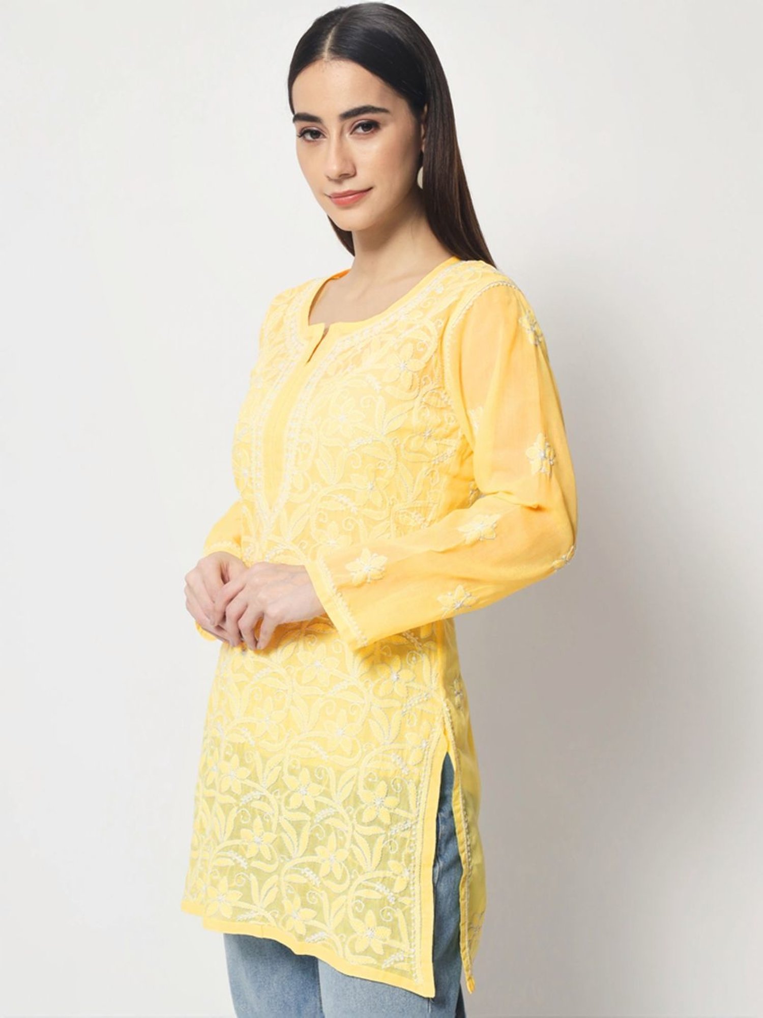 PARAMOUNT CHIKAN Pale Yellow Cotton Hand Embroidered Chikankari Straight Kurti