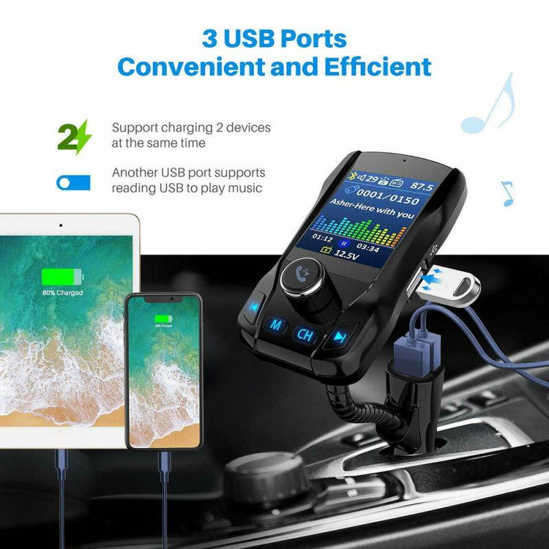 Brightup Car Bluetooth Transmitter, Strong Microphone Bluetooth Car Radio Adapter with 1.8" Color Screen for Hands Free Calls, Supports QC3.0 Charging, Treble and Bass Sound Music Player