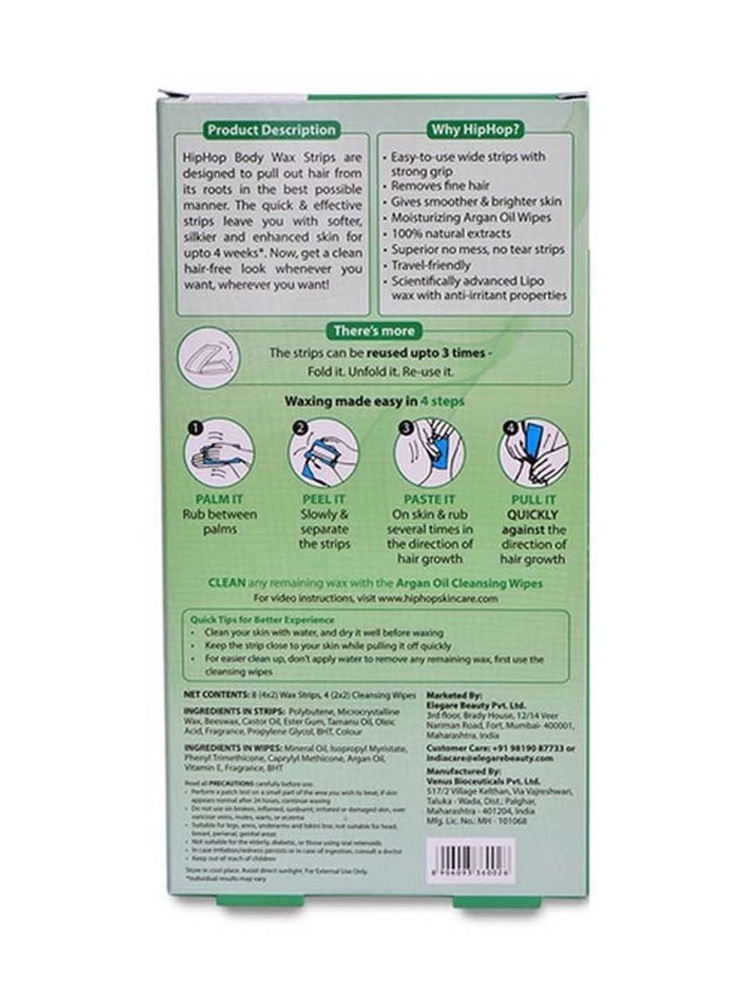 HipHop Skincare Body Wax Strips with Argan Oil & Aloe Vera - 8 Strips