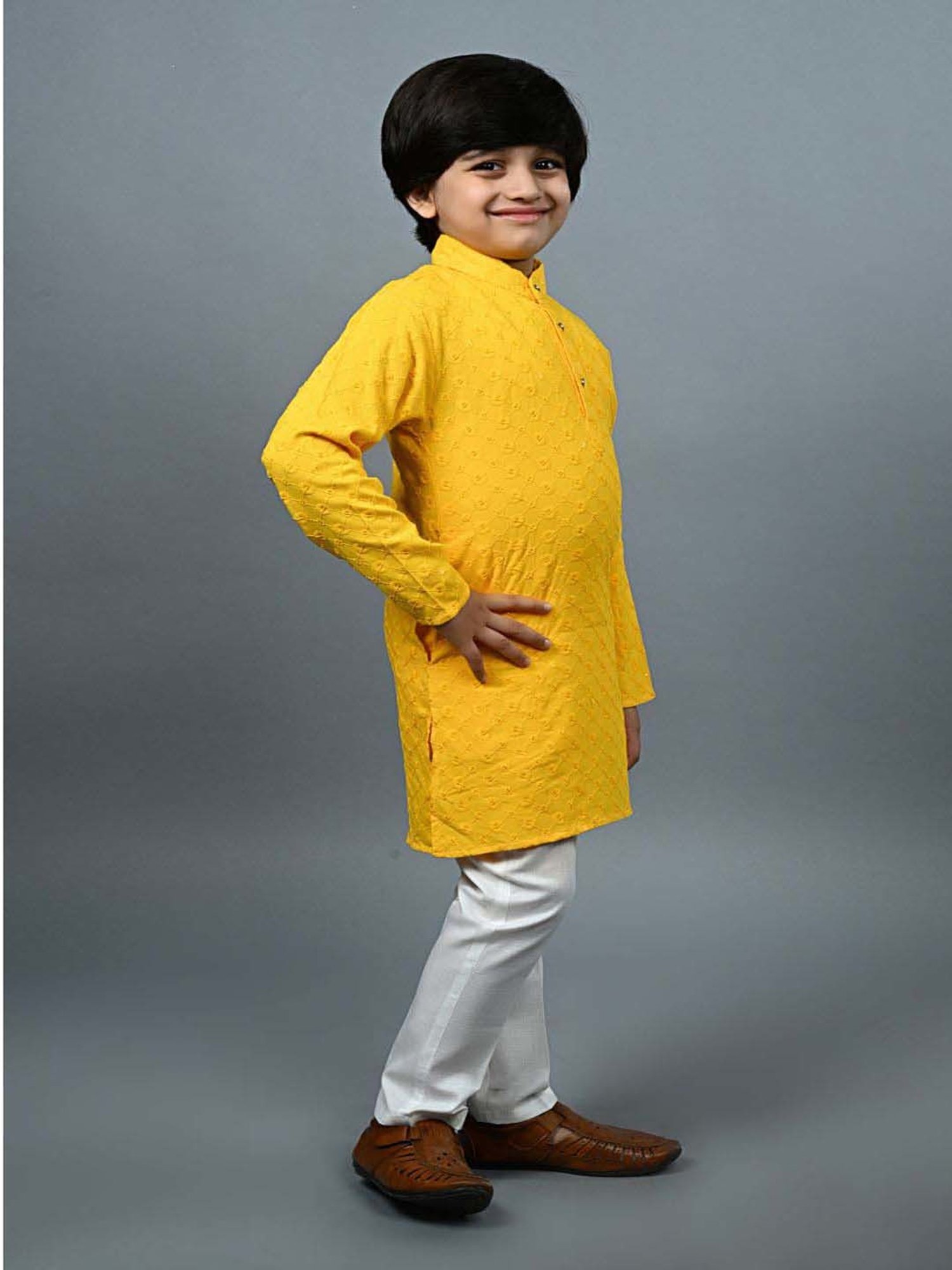 Ahhaaaa Kids Yellow & White Cotton Embroidered Full Sleeves Kurta Set