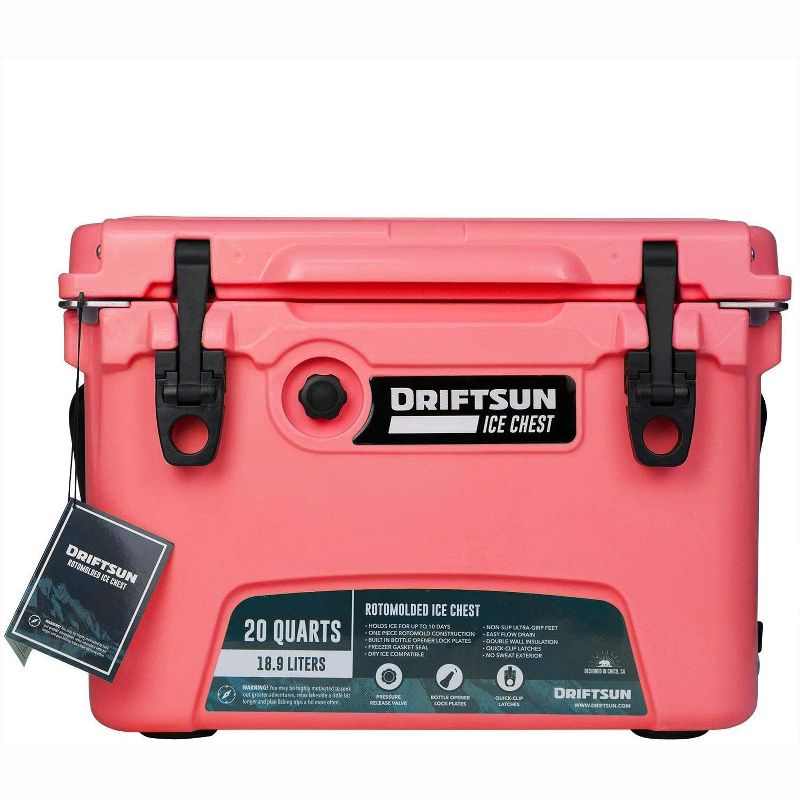 Driftsun Heavy Duty Rotomolded Thermoplastic UV Resistant Portable Commercial Grade Personal 20 Quart Insulated Hard Ice Chest Beverage Cooler, Coral