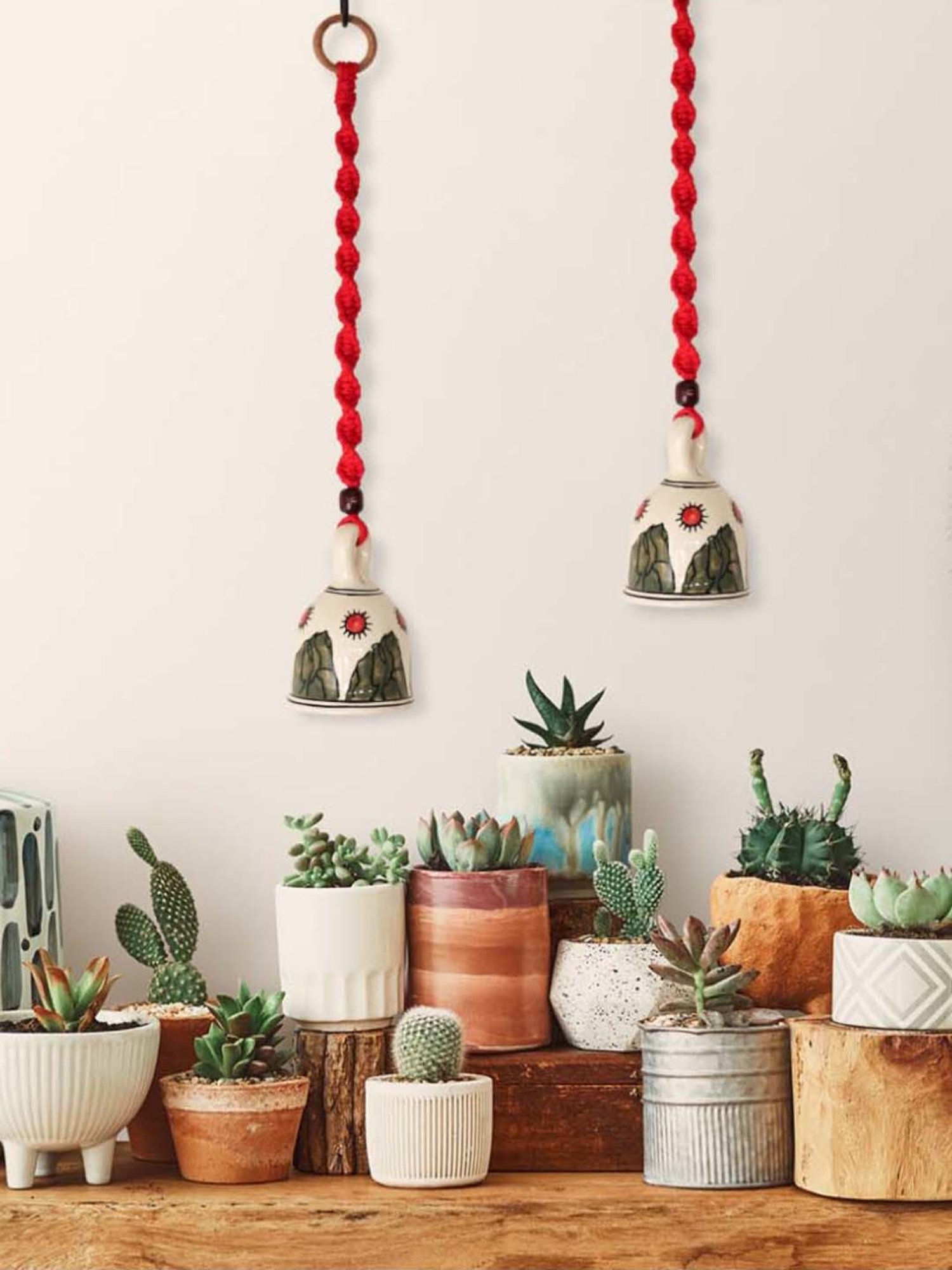 Gathari Red Ceramic Wall Hanging Macrame Bells - Set of 2