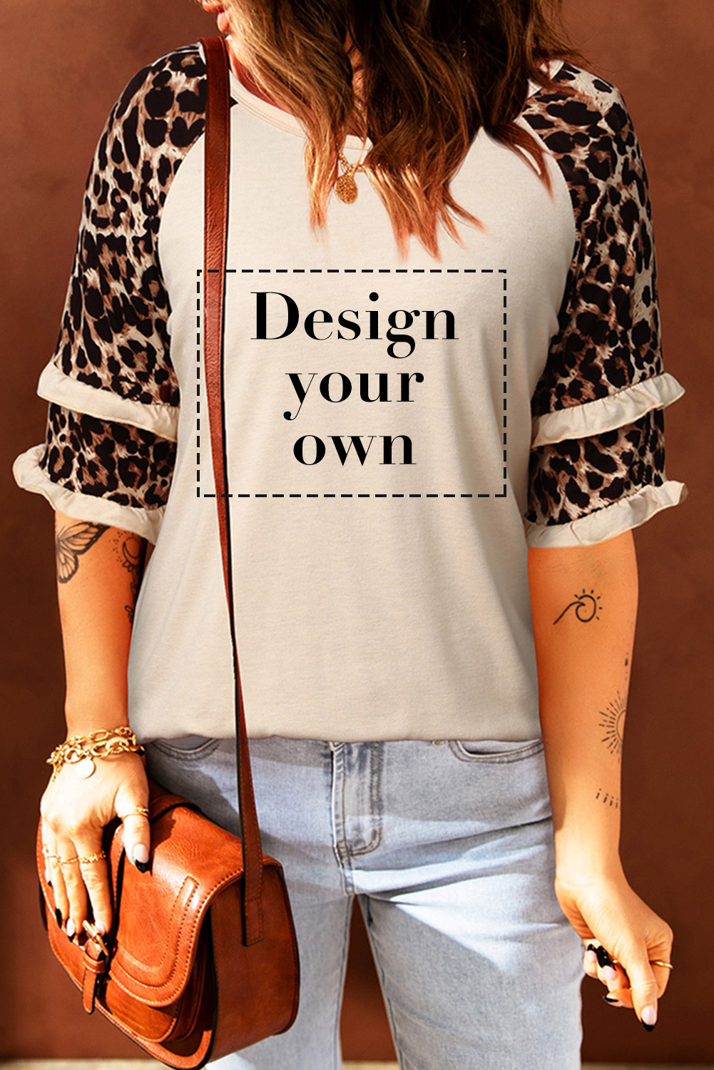 Blank T Shirt - Beige Cheetah Print Tiered Half Sleeve Jewel Neckline T Shirt Customized