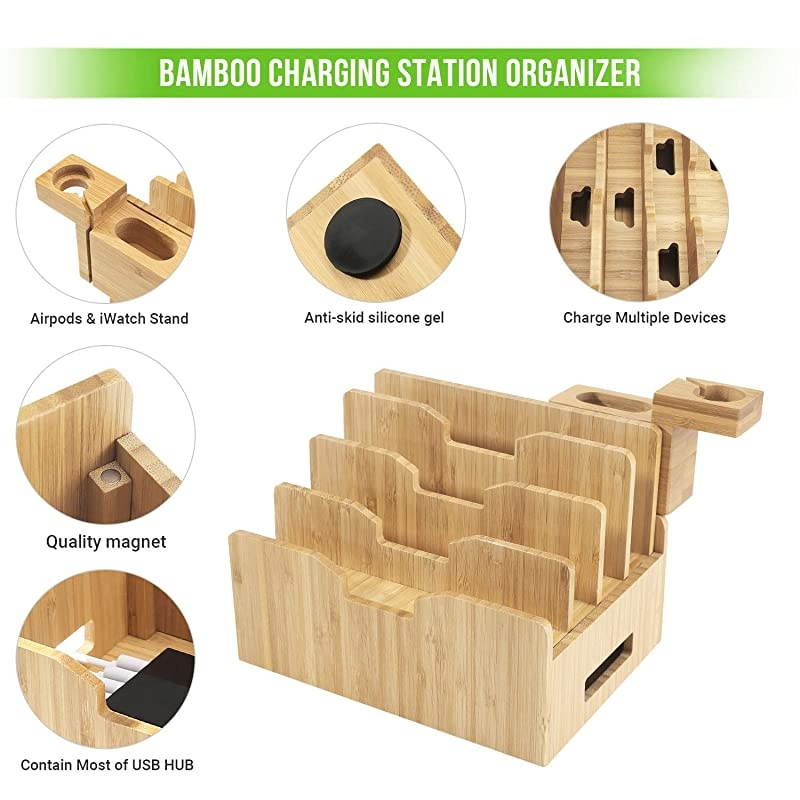 Charging Station for Multiple Devices with Integrated iWatch5 AirPods Pro Stand Desktop Charging Docking Station Organizer for iPhone 12 Tablet 5 Charging Cables IncludedNo Power Supply