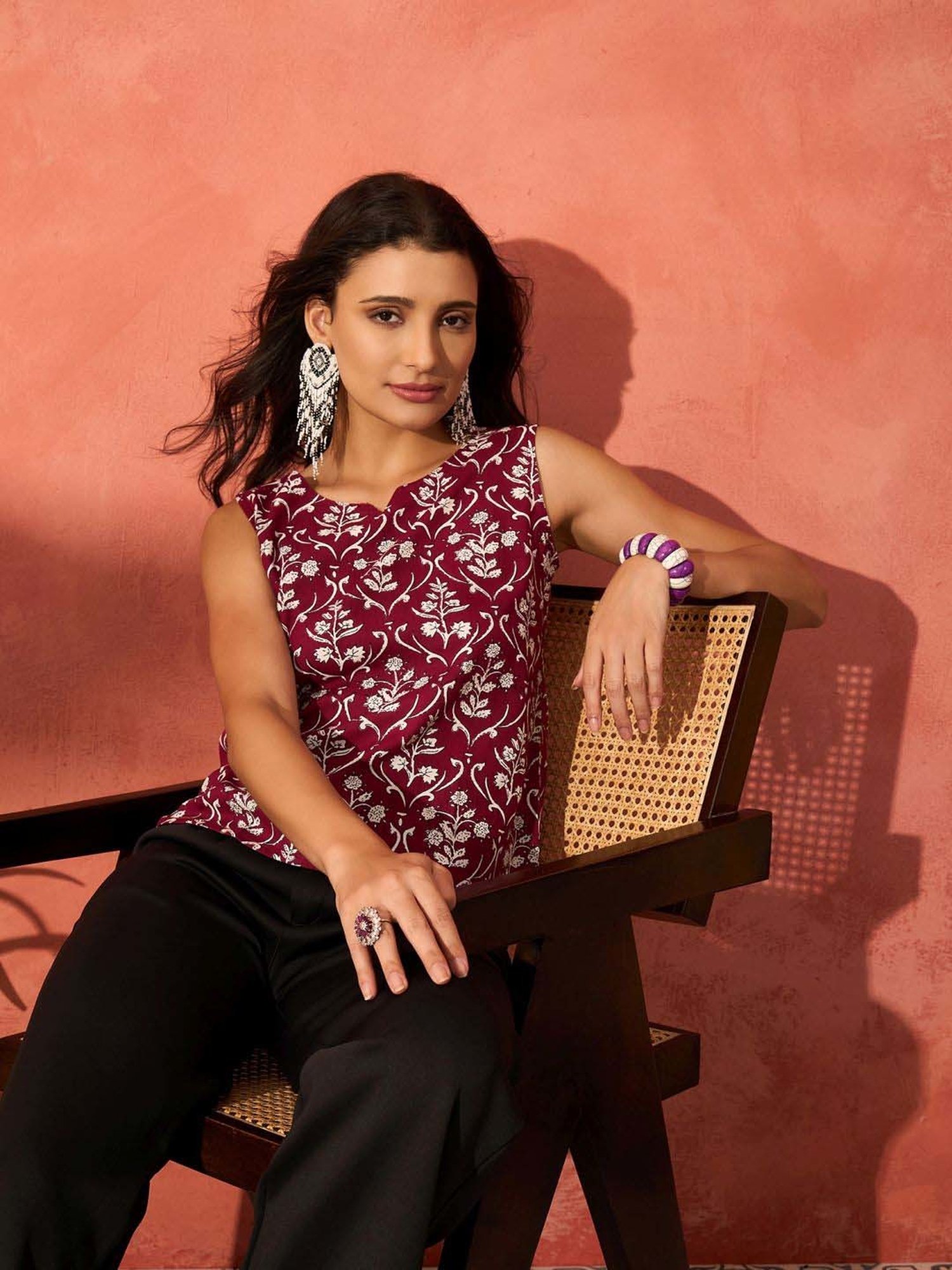 Inweave Maroon & White Floral Print Top