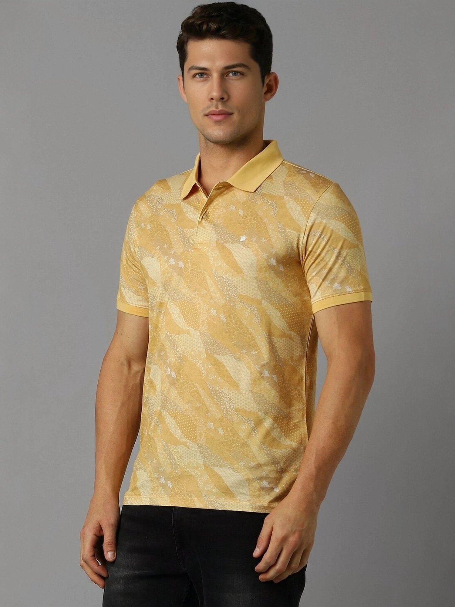 Louis Philippe Yellow Cotton Regular Fit Printed Polo T-Shirt