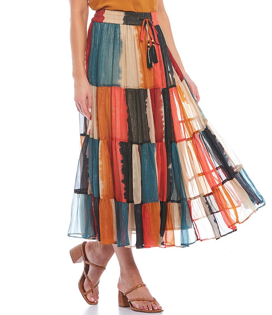John Mark Patchwork Tie Waist Drawstring Long Skirt