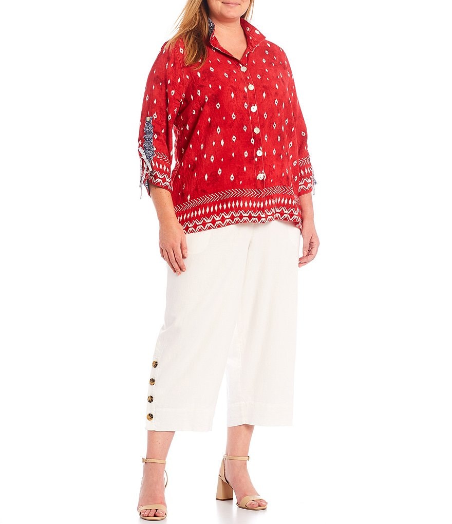 John Mark Plus Size Crinkle Geometric Print Button Front Point Collar Neck 3/4 Sleeve Tunic