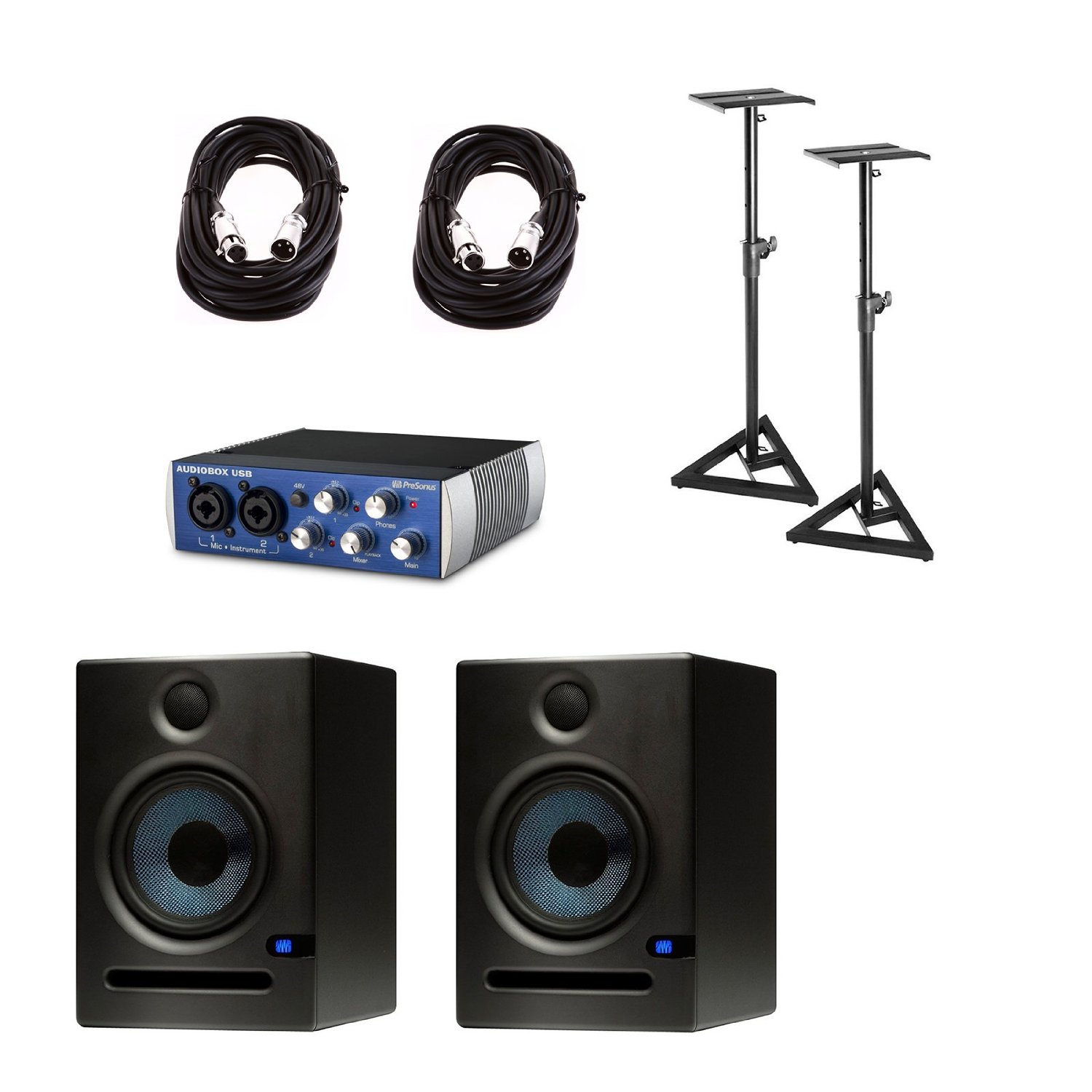 PreSonus Eris E5 5.25-inch 2-Way Nearfield Studio Monitor (Pair) w/ Presonus Audiobox USB, Cables & Stands
