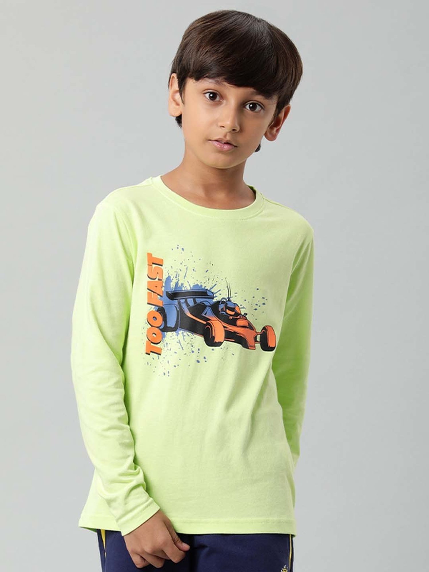 Indian Terrain Kids Green Cotton Printed Full Sleeves T-Shirt