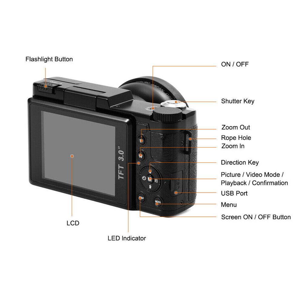 Full HD 1080P Digital Camera Wide Angle Lens Flip Screen Flash Light 24MP 3.0" TFT LCD Display