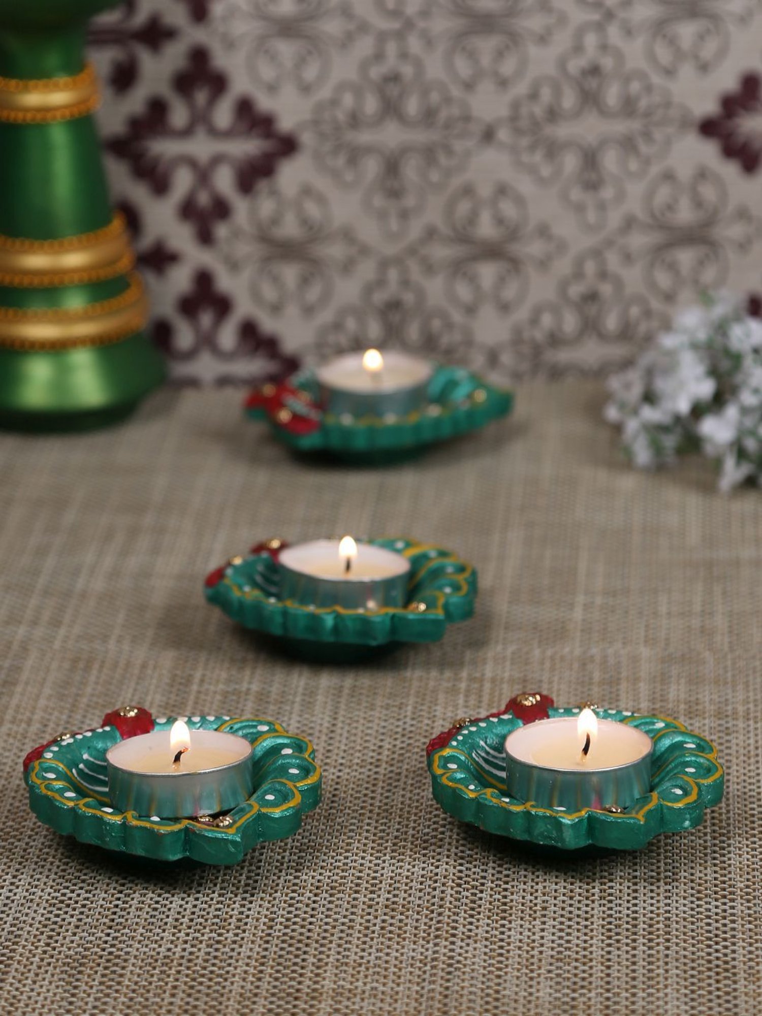 Aapno Rajasthan Green Terracotta Hand painted Leaf Shape Floor Diya - Set of 4