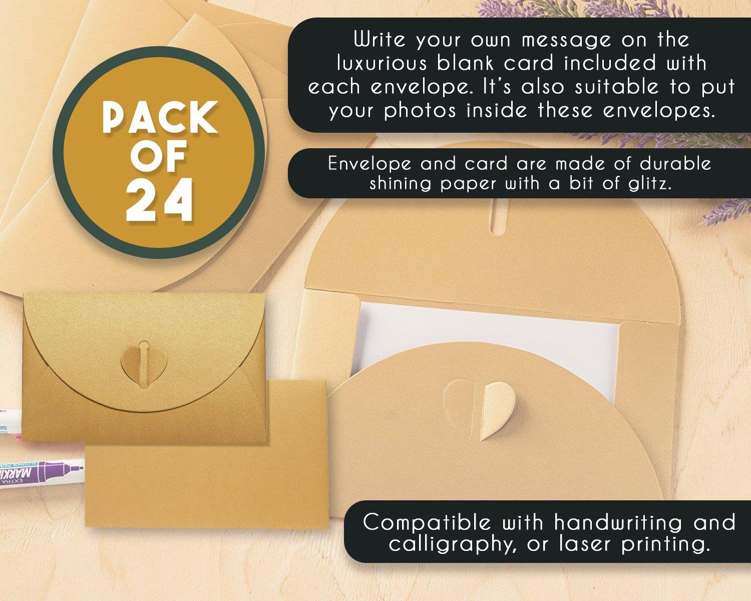 Gift Envelopes - 24 Pack Colorful Craft Photo Envelopes with Heart Clasps - Includes White Postcard Inside, Paper, Golden, 6.8 x 4.3 inches