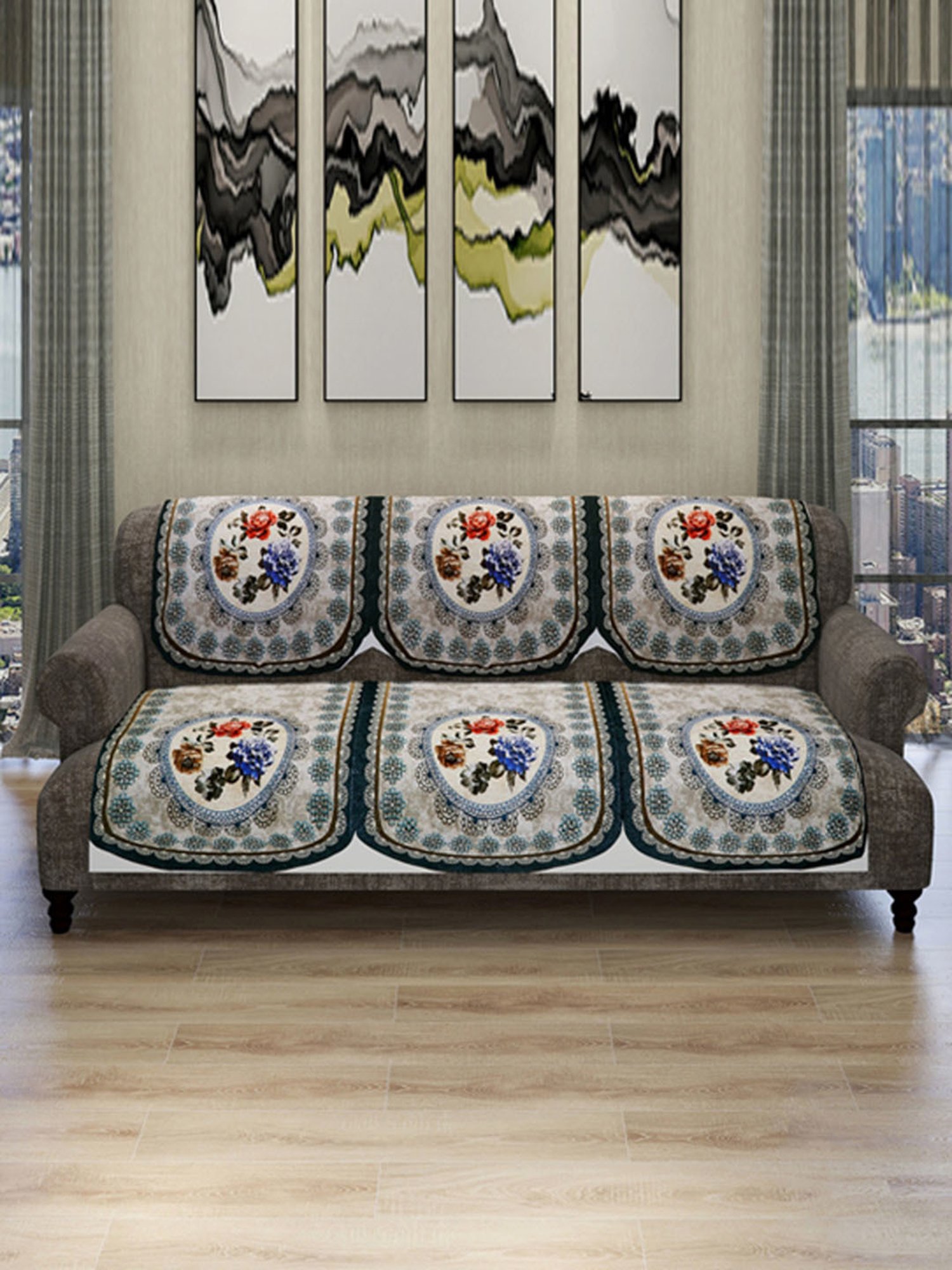 Romee Silver Polyester Floral Sofa Covers