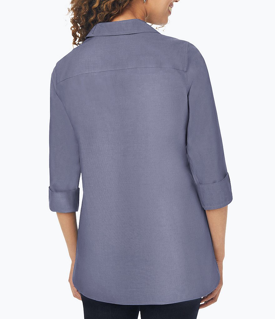 Foxcroft Pandora Solid Non-Iron Pinpoint Oxford Button Front Wing Collar Neck 3/4 Sleeve Tunic