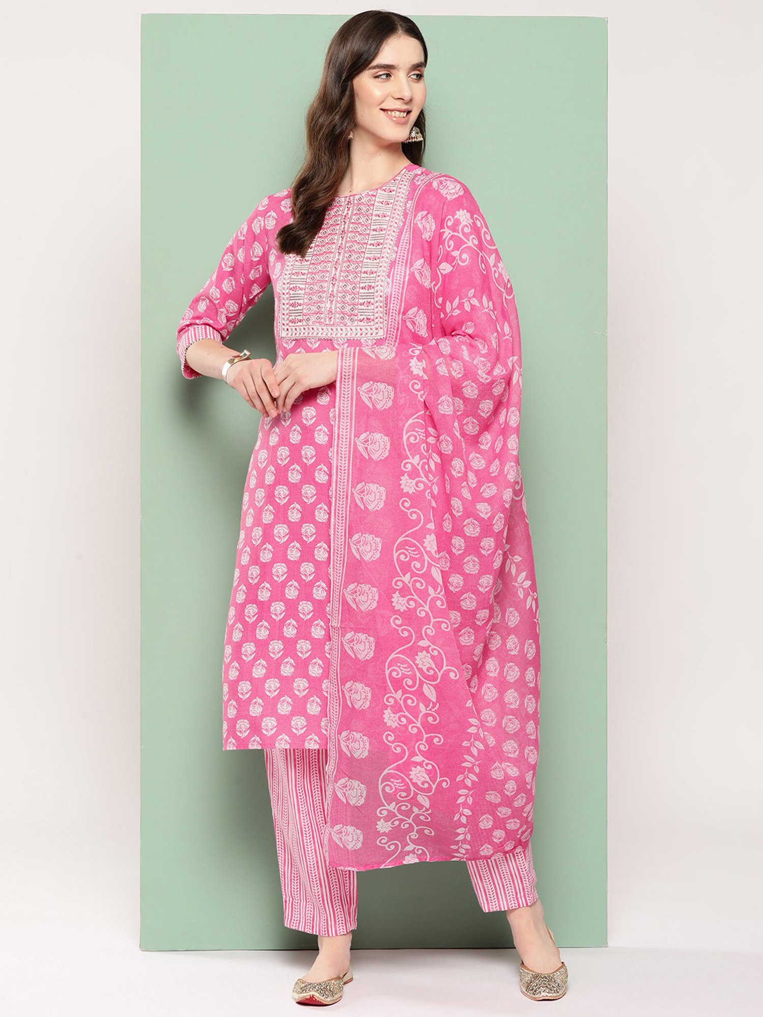 Indo Era Pink Printed Kurta With Pant & Dupatta