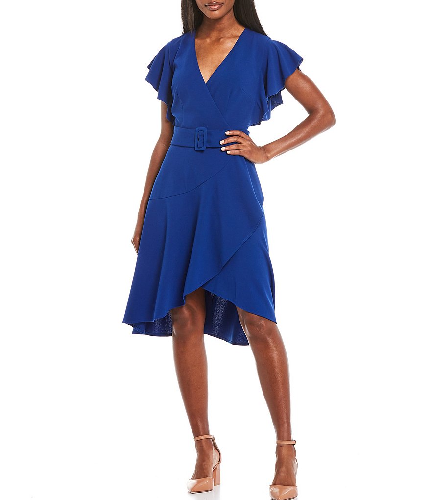 Donna Morgan Knitted Crepe Asymmetrical Ruffle Dress