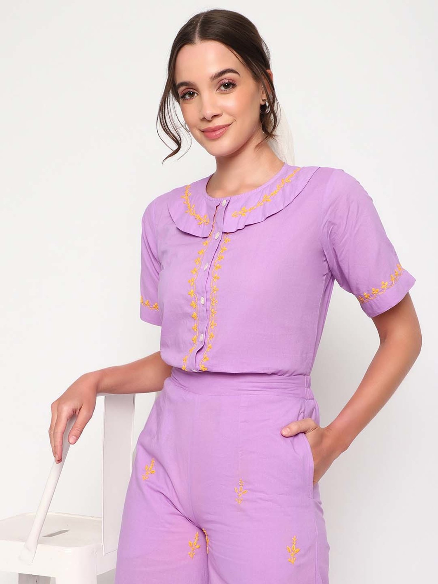 Sringam Purple Cotton Embroidered Top Palazzo Set