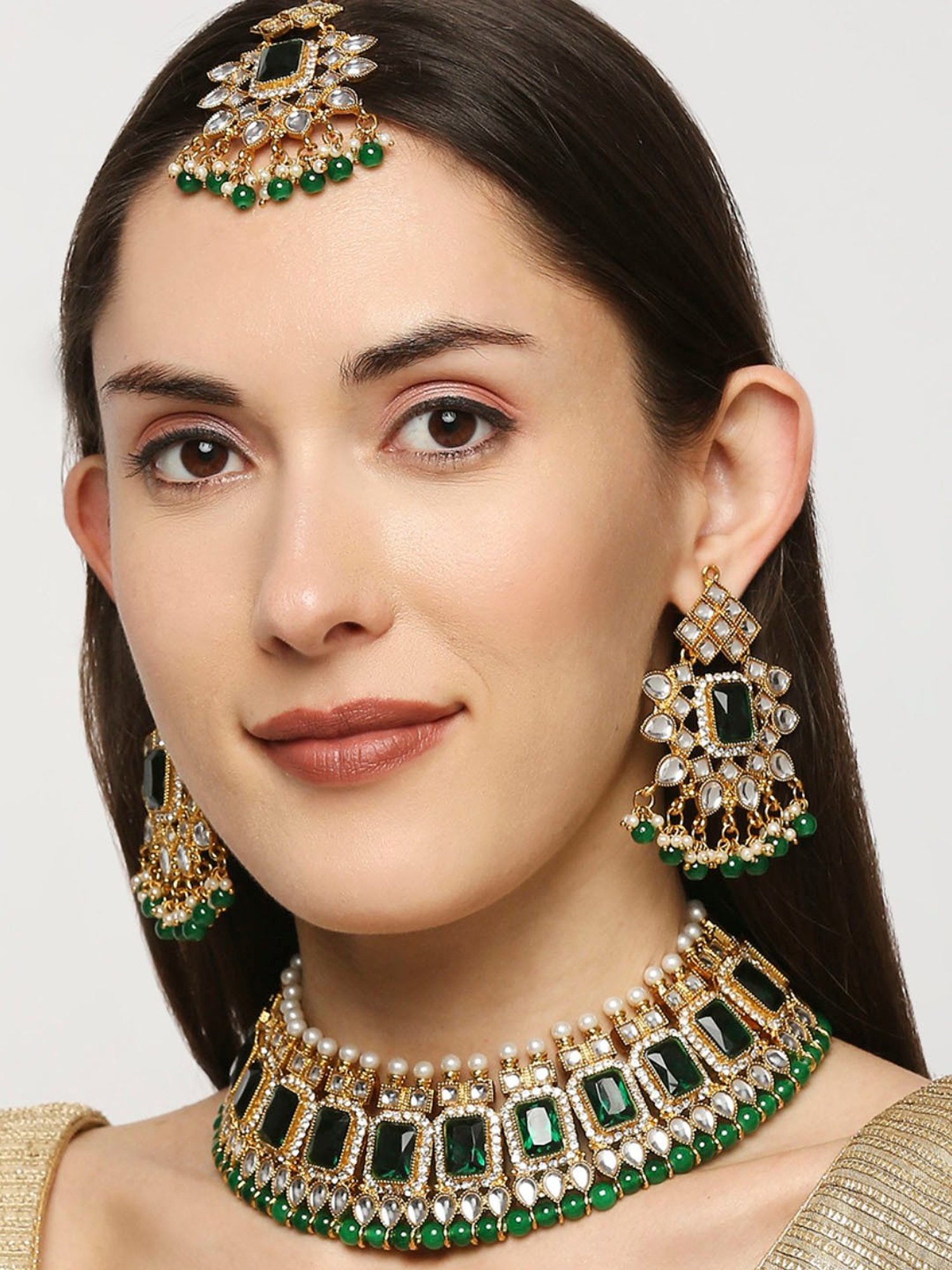 OOMPH Green Stone & Kundan Heavy Pearl Choker Necklace Set with Drop Earrings & Maangtikka