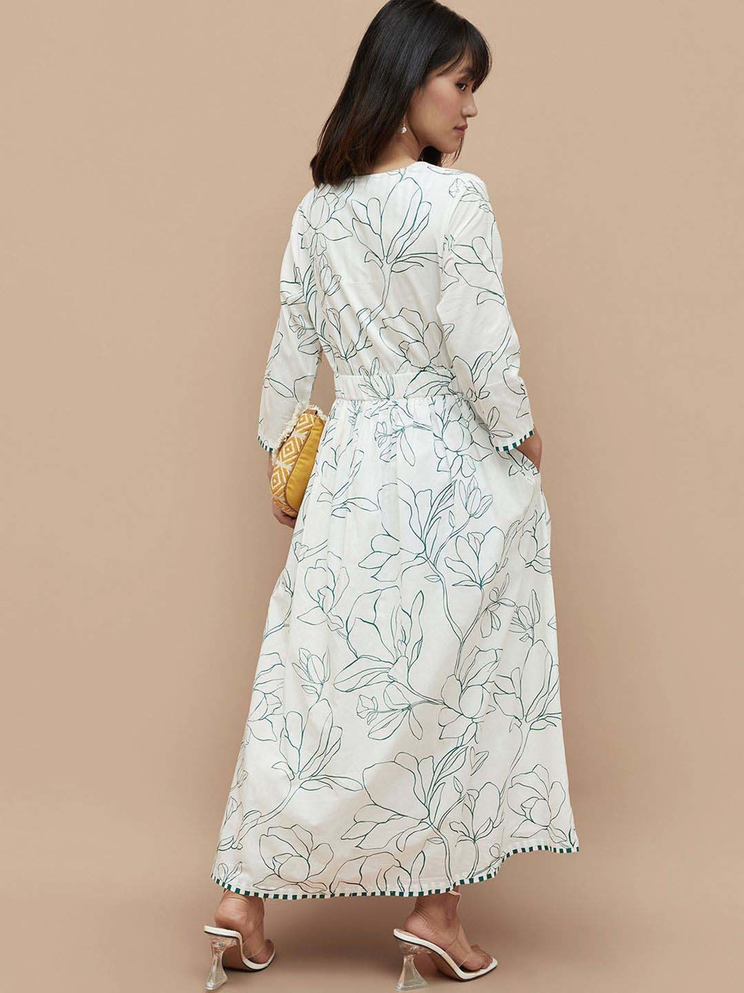 Colour Me by Melange White Cotton Printed Maxi Dress