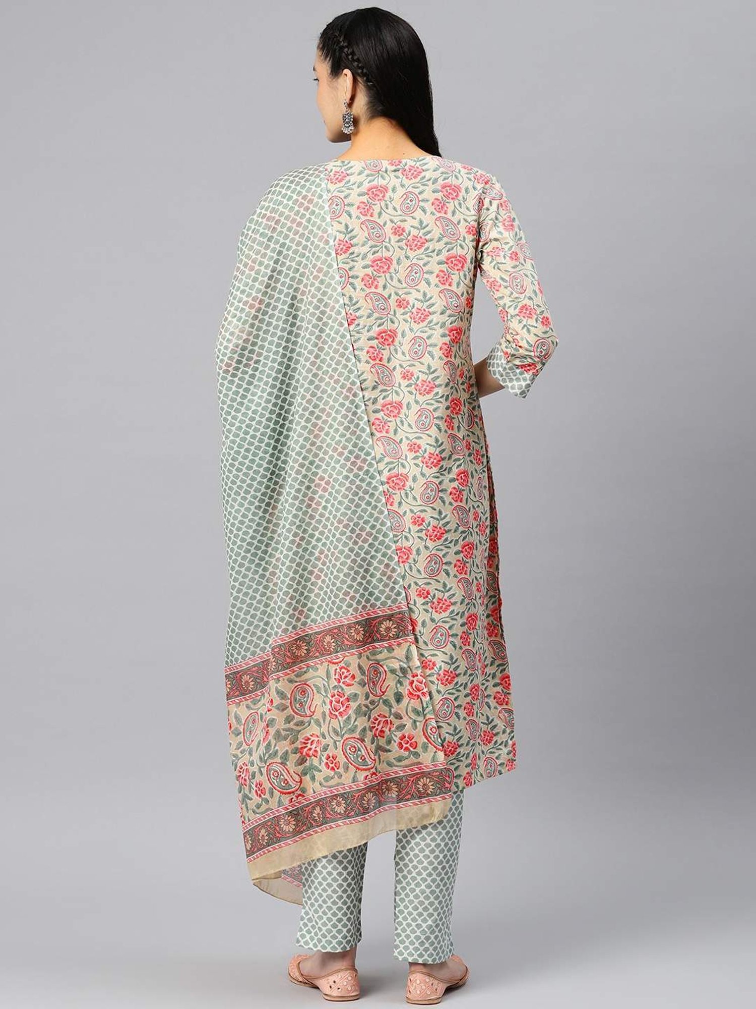 READIPRINT FASHIONS Beige & Blue Cotton Floral Print Kurta Pant Set With Dupatta