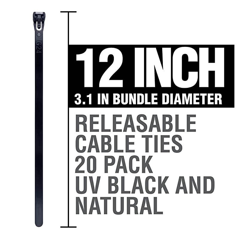 ZipIts Releasable Cable Ties 12 Inch 50 Lb 20 Pieces Zip Ties Assortment 10 Pieces Natural 10 Pieces UV Black UL Listed Contractor Quality Industrial Strength