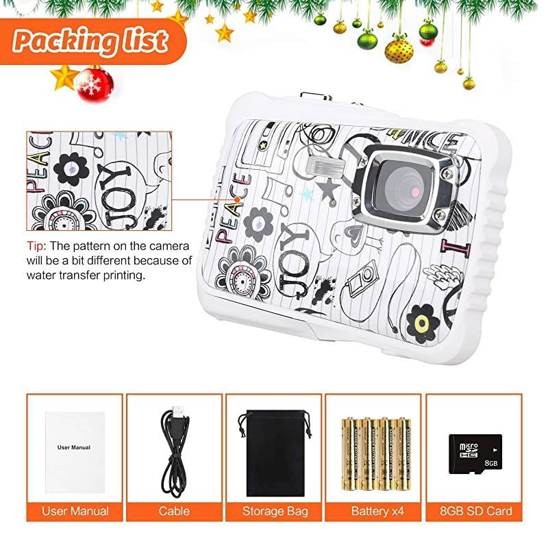 Camera Waterproof Digital Video Camera Underwater Camera for Boys and Girls Age 6-12 with 8G SD Card 1080P 12MP 2020 Upgraded- White
