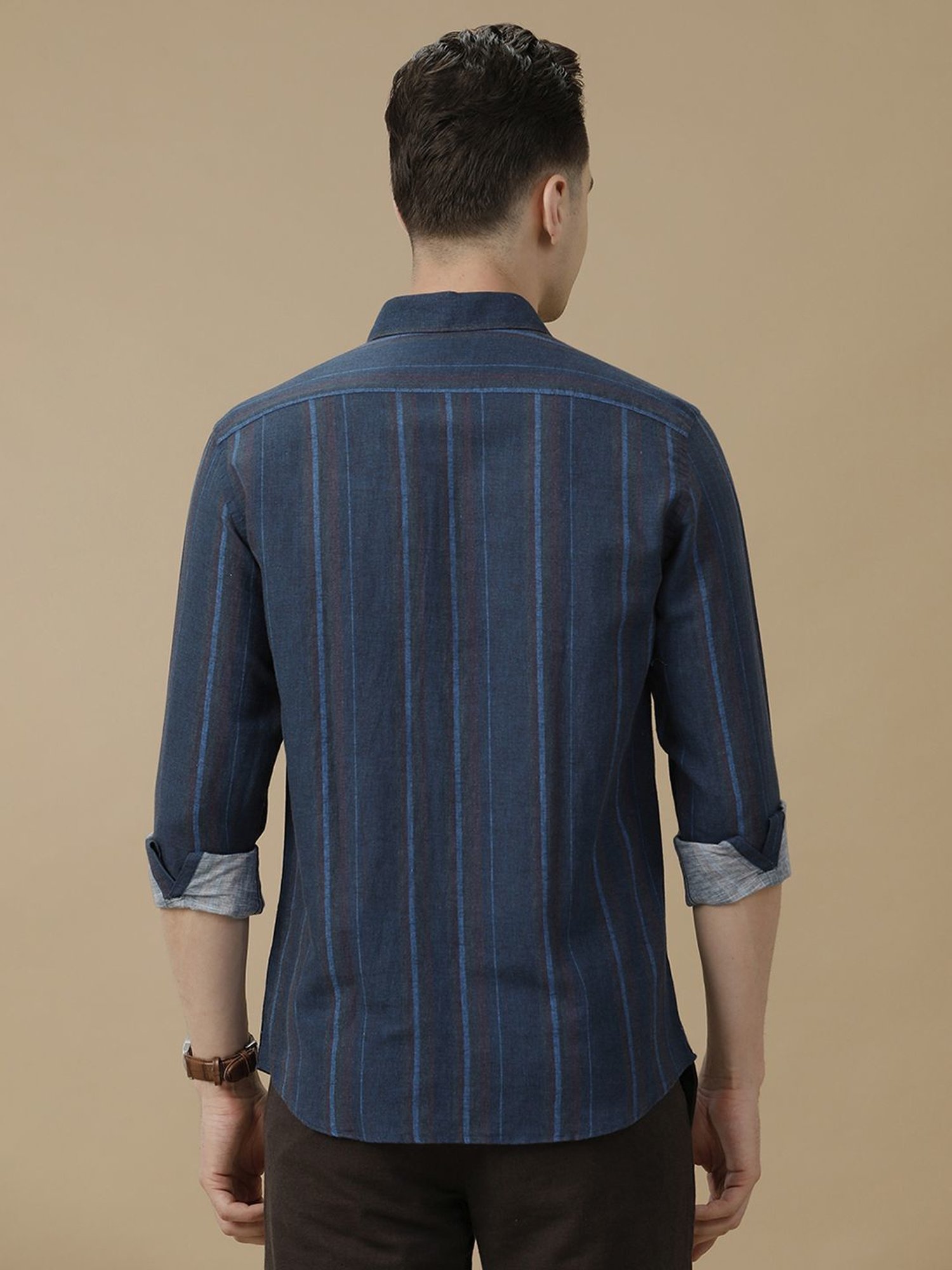 Linen Club Blue Linen Contemporary Fit Striped Shirt