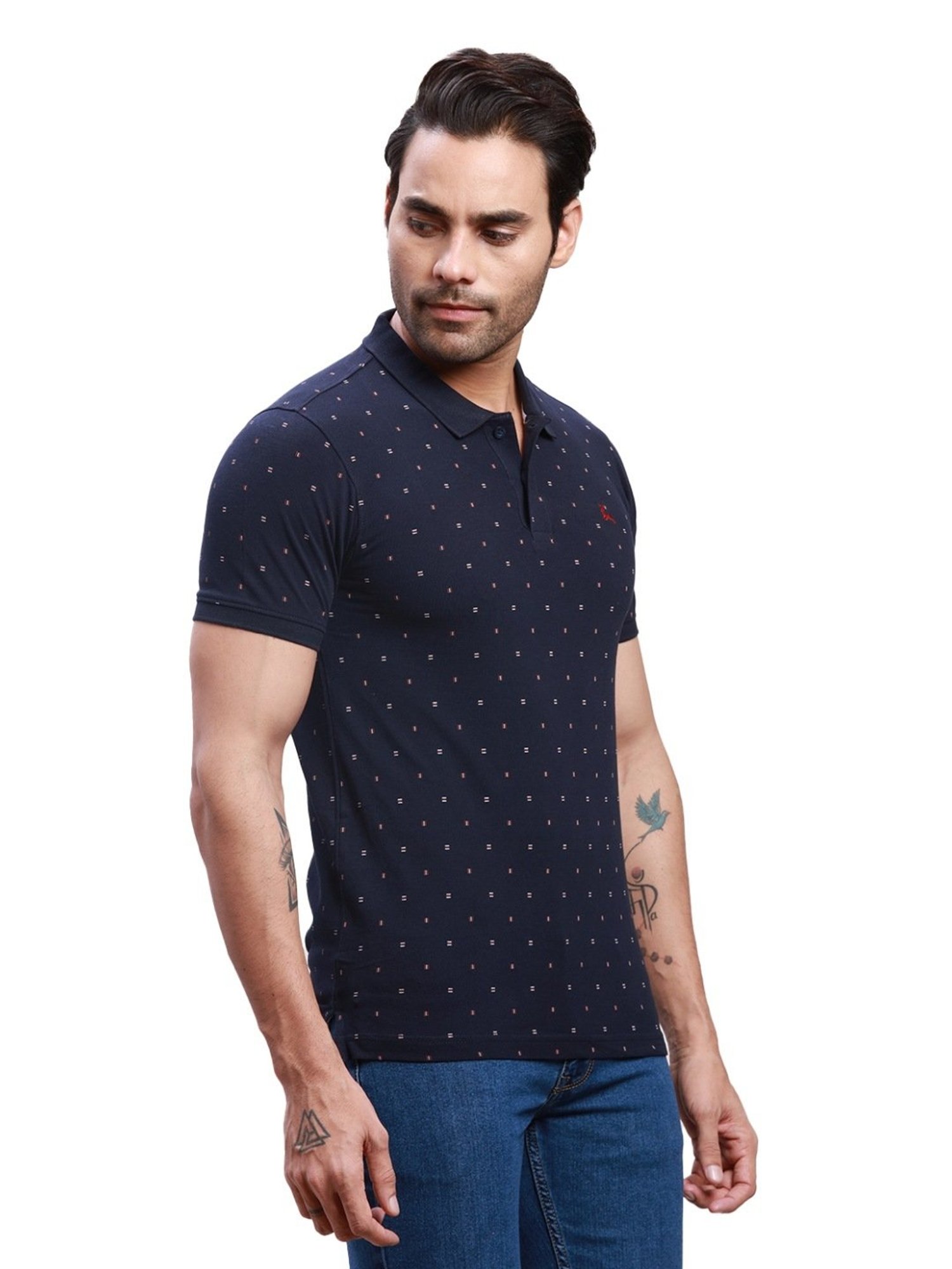 Parx Navy Cotton Regular Fit Printed Polo T-Shirt
