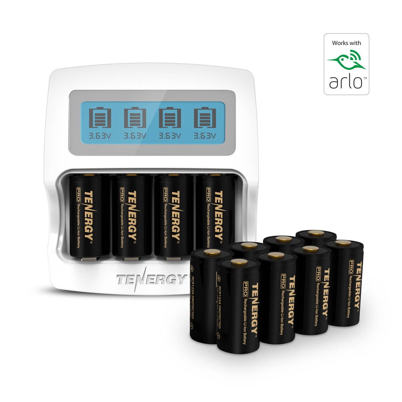 Arlo Certified: Tenergy Premium High Capacity 750mAh 3.7V Arlo Battery and Fast Smart Charger for CR123A Rechargeable Battery for Arlo Cameras (VMC3030/VMK3200/VMS3330/3430/3530), 12-Pack