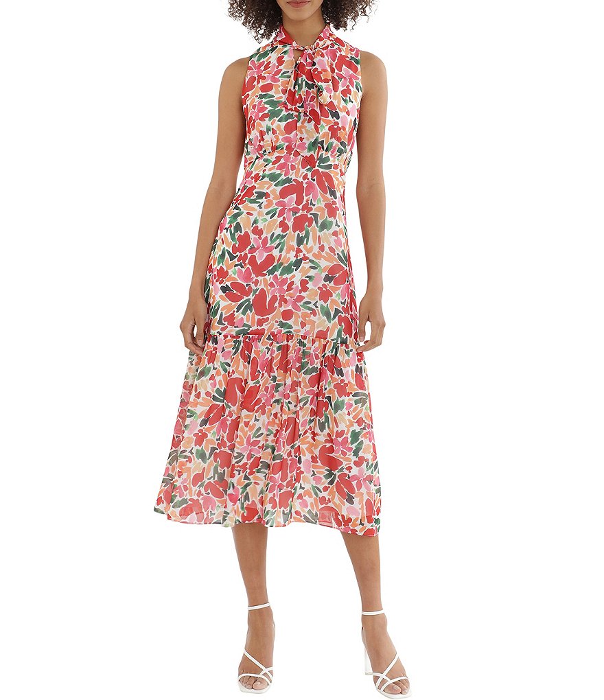 Maggy London Keyhole Tie Neck Sleeveless Floral Midi Dress