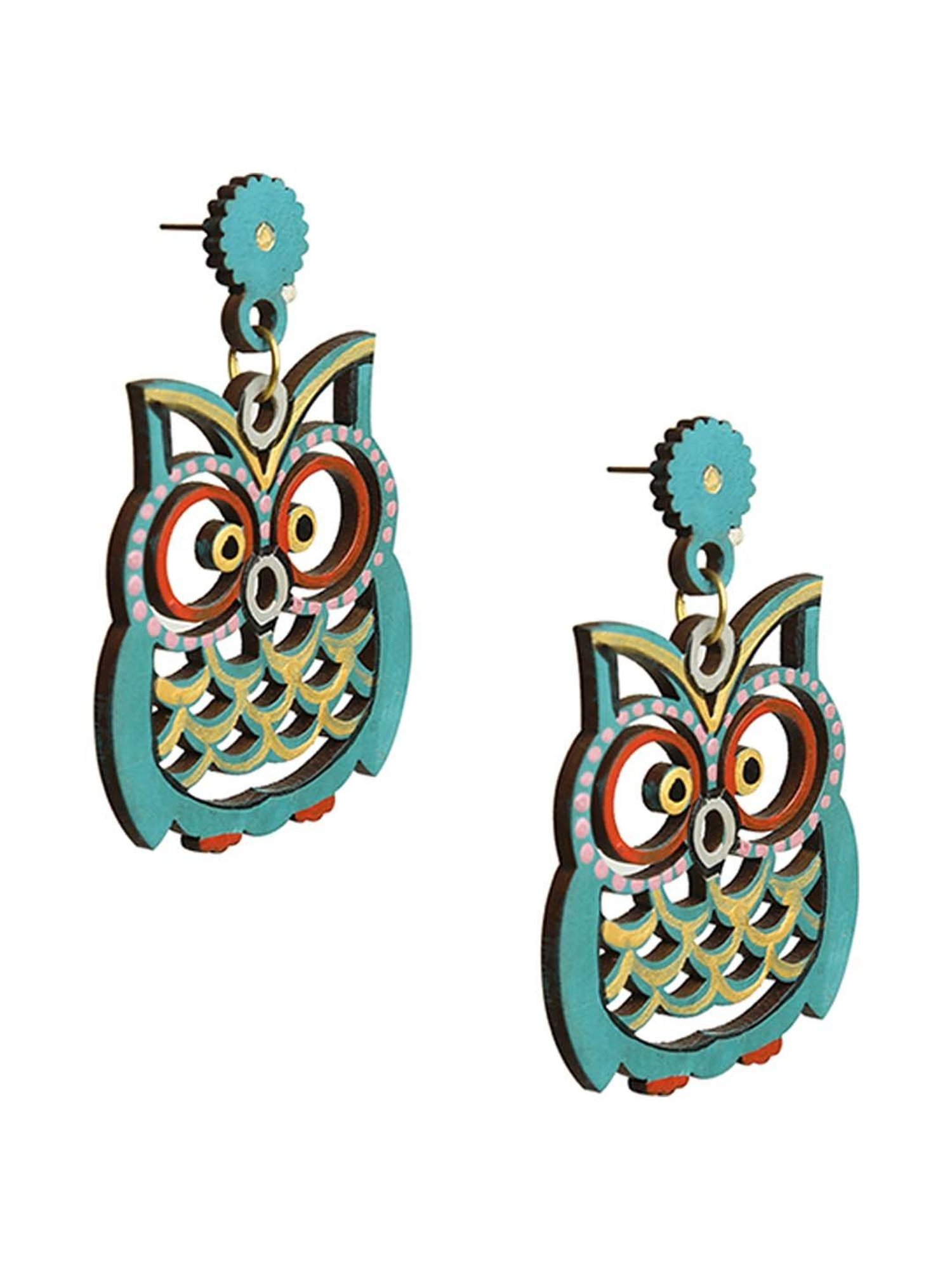 ExclusiveLane 'Symphony of Owls' Teal Blue Handpainted Earrings in Recycled Wood