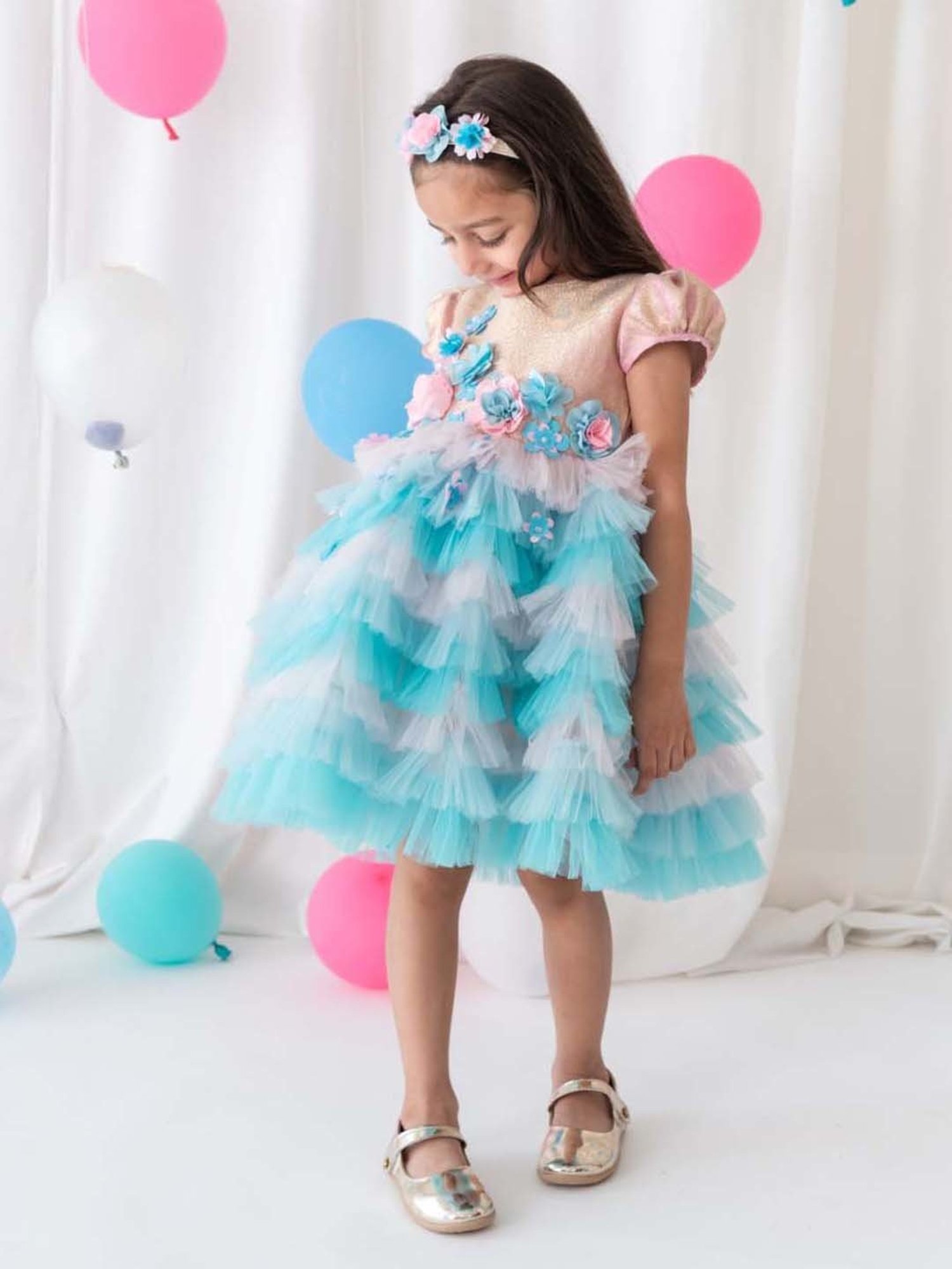 A Little Fable Beige & Blue Applique Dress