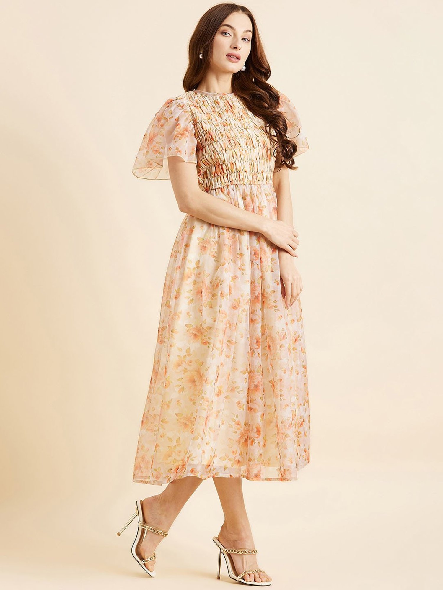 PANIT Peach Floral Print Ethnic Dress