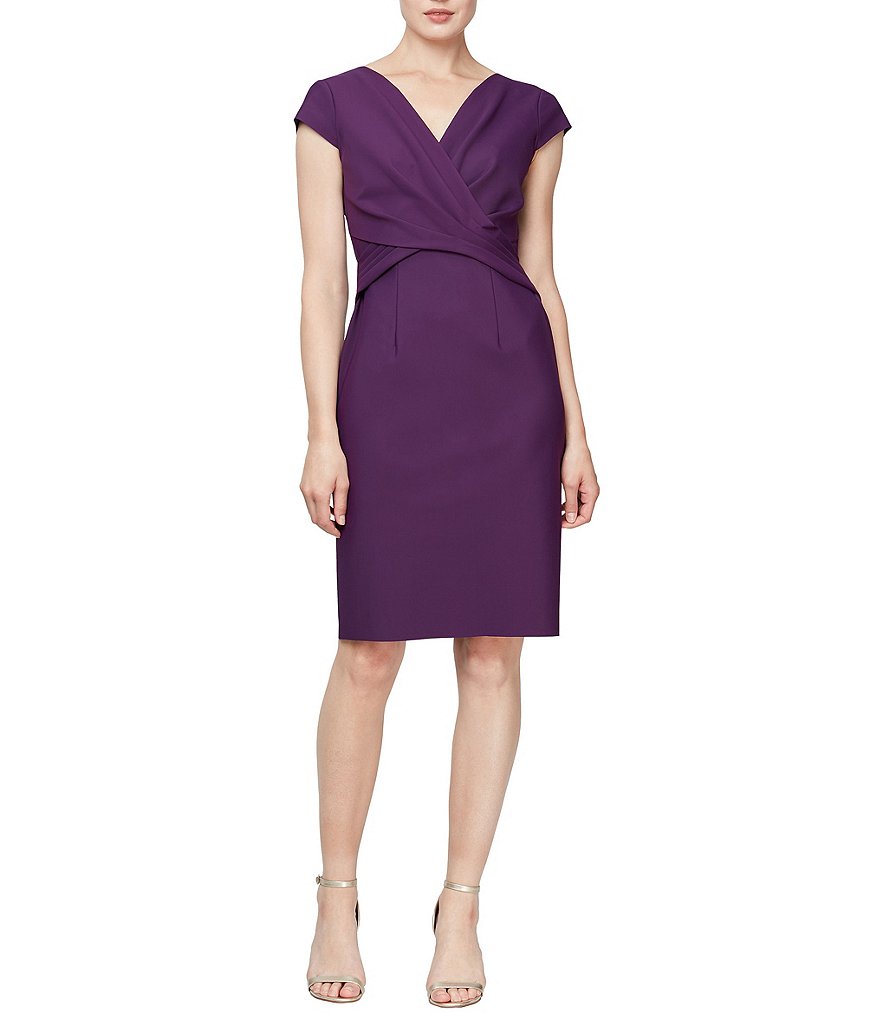 Alex Evenings V-Neck Cap Sleeve Wrap Bodice Detail Scuba Sheath Dress