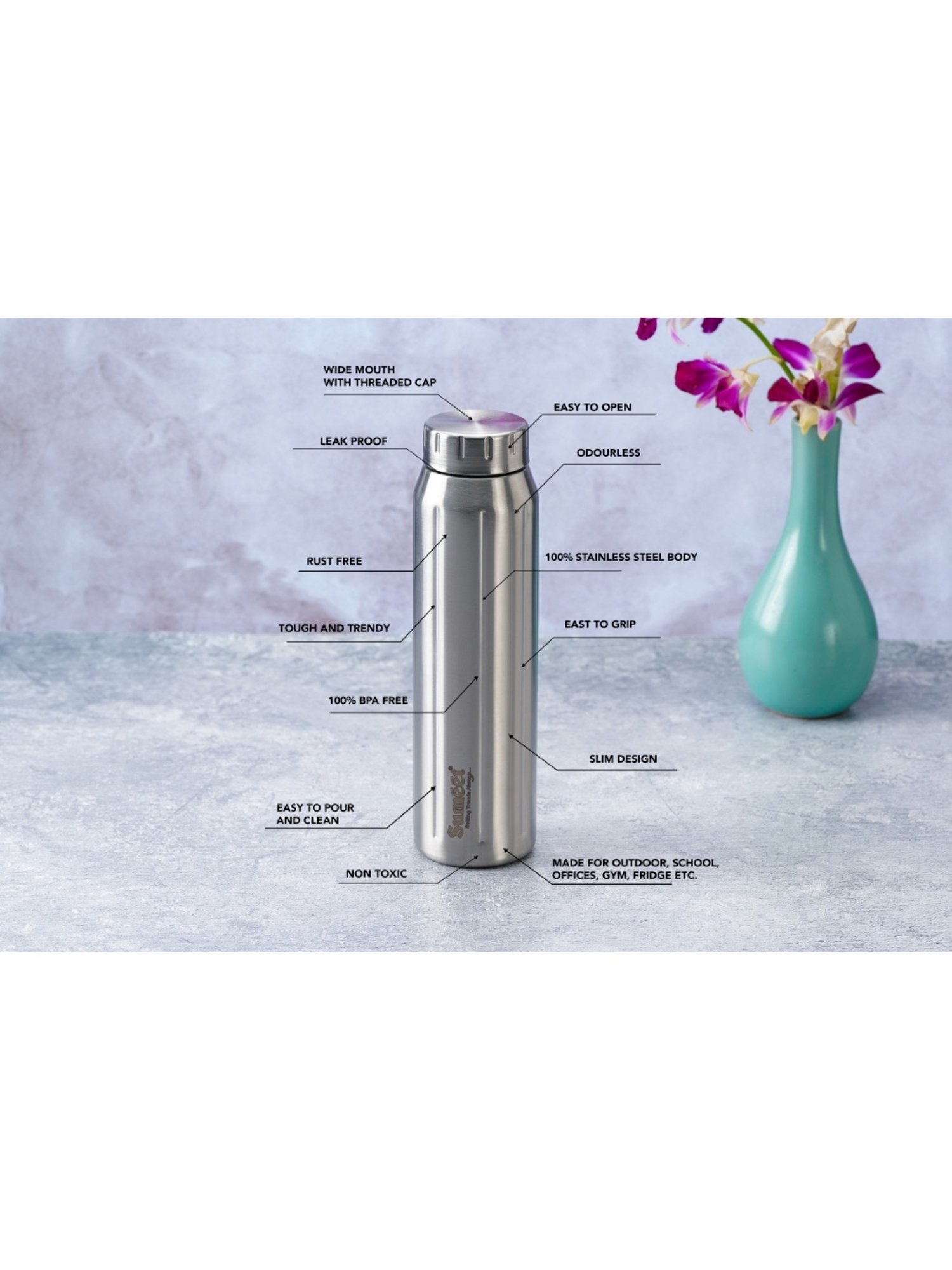Sumeet Spark-Aqua Stainless Steel Leak Proof  Water Bottle  |900ml |Pack of 6| Silver
