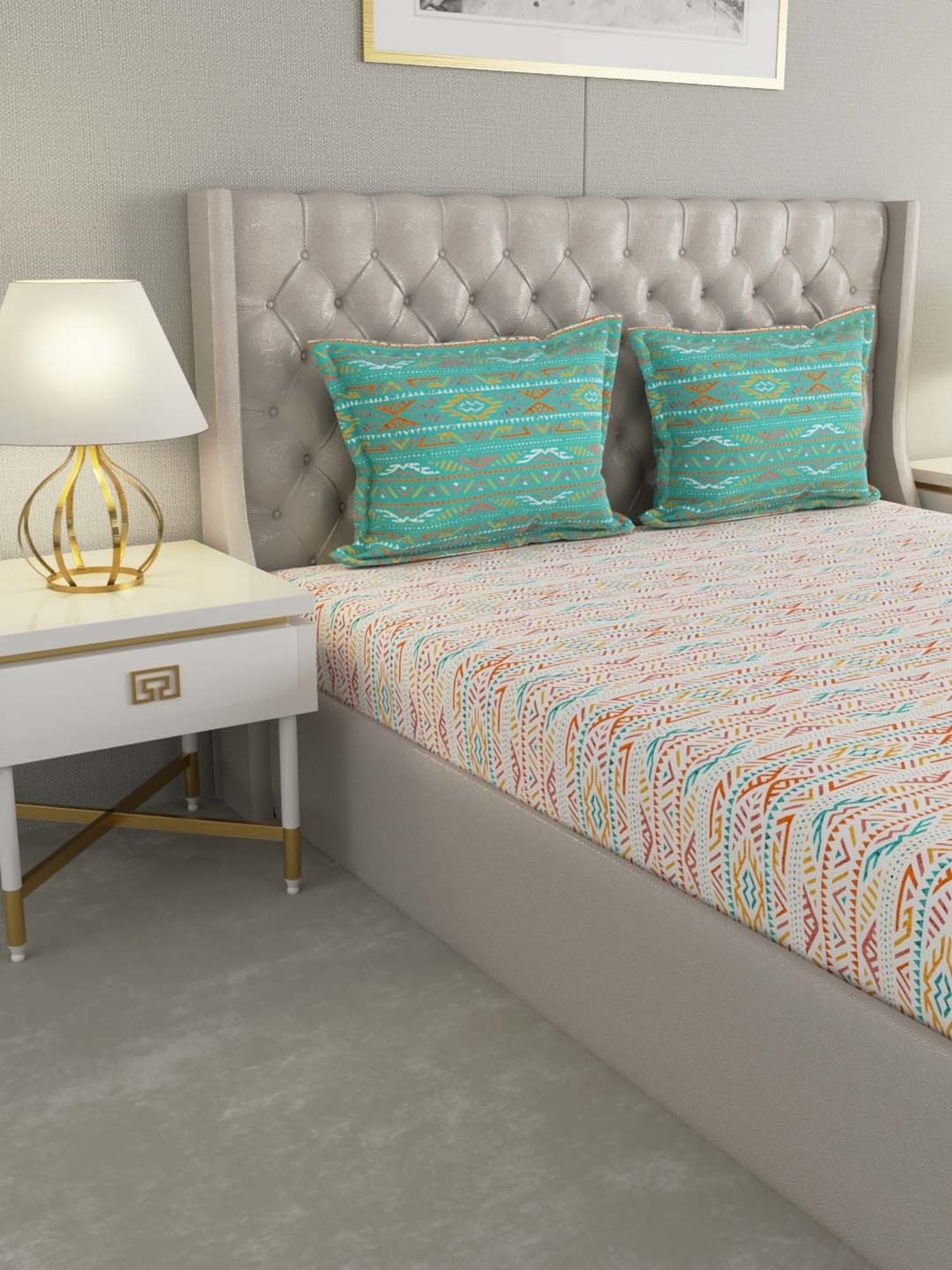 House This Juniper Blue Cotton 600 TC Double Size Bedsheet With Pillow Covers