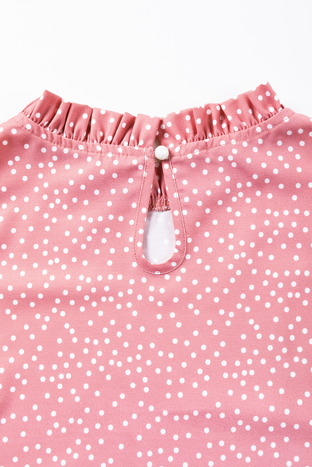 Pink Polka Dot Frilled Neck Ruffle Trim Blouse