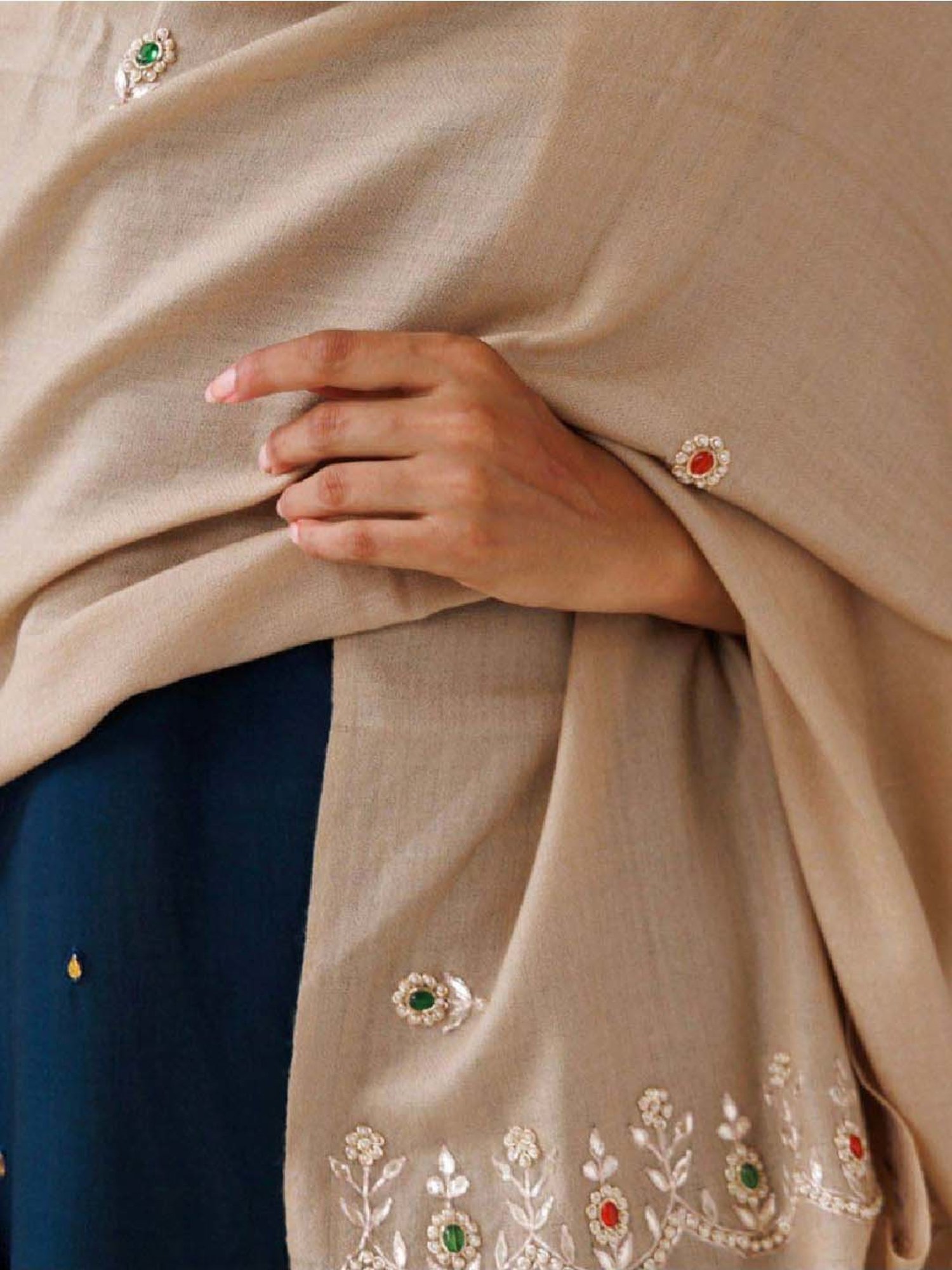 Geroo Jaipur Beige Hand Embroidered Gota Patti-Zardosi Woolen Shawl