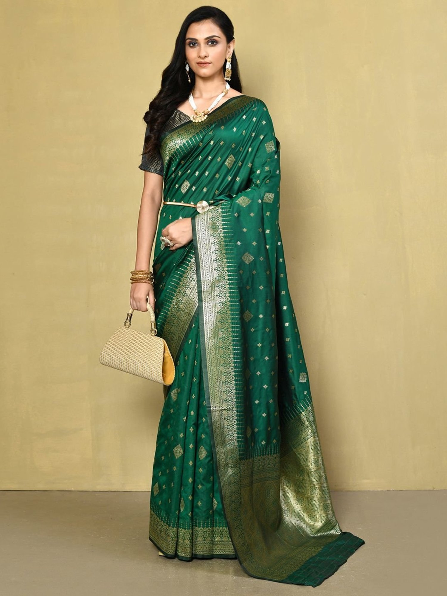 Elora Green Silk Woven Saree With Unstitched Blouse