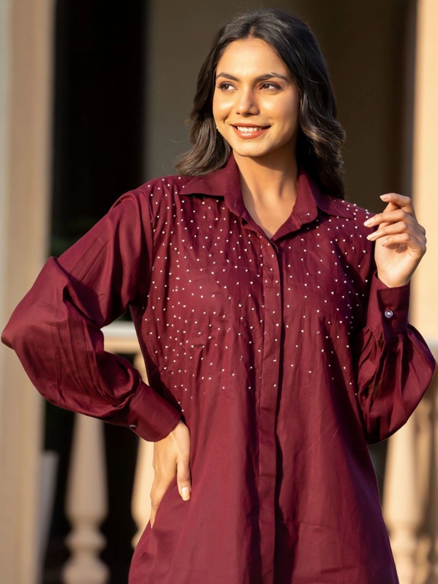 HOUSE OF JAMOTI Maroon Cotton Embellished Tunic Palazzo Set