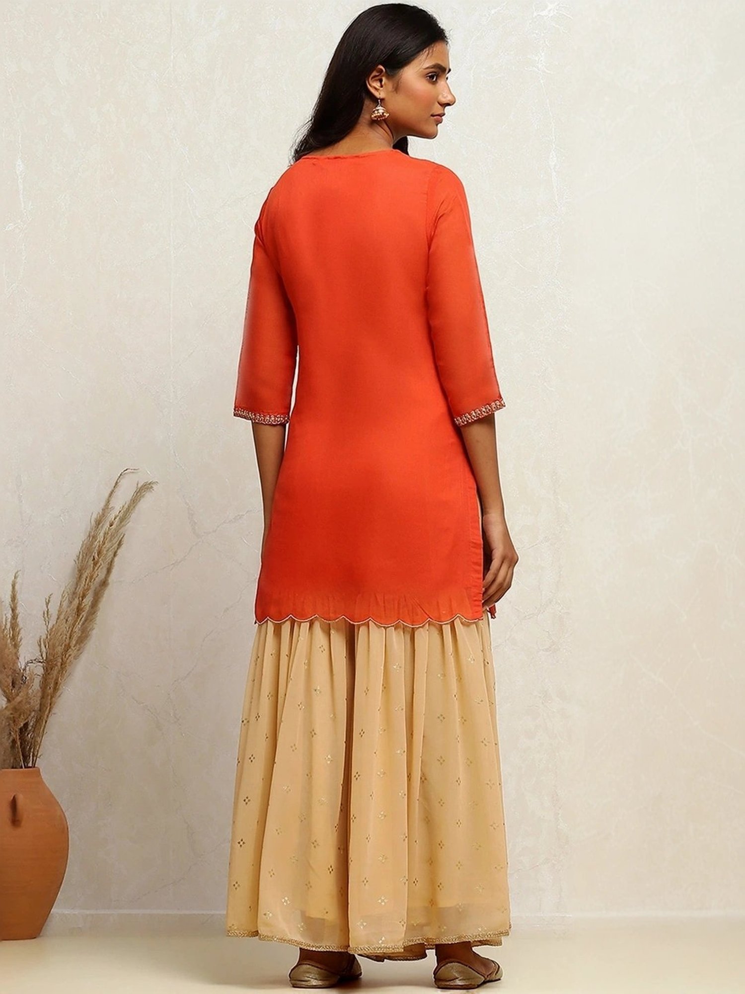 Biba Orange & Beige Embroidered Kurti Sharara Set With Dupatta