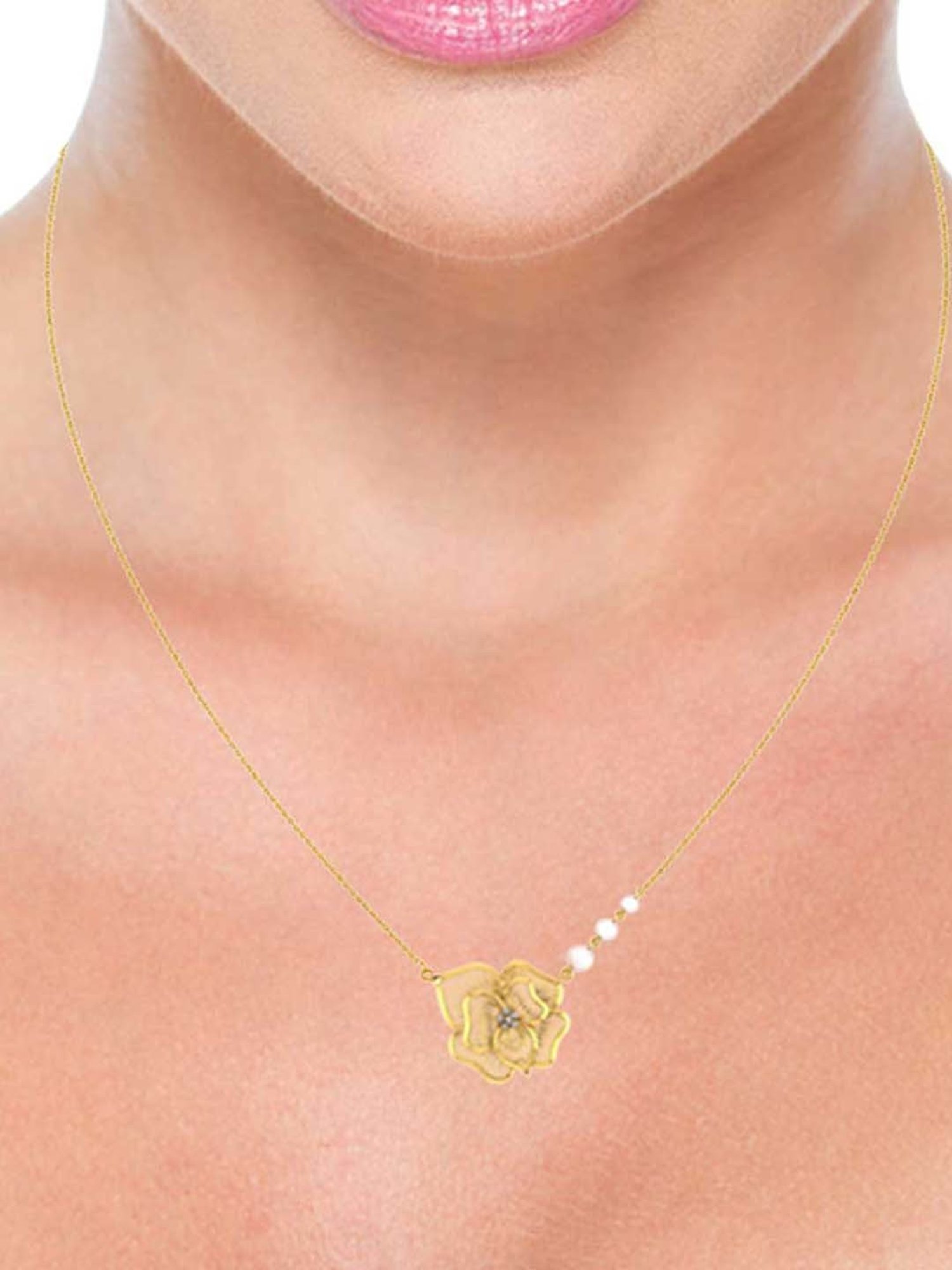 P.C. Chandra Jewellers 18k Gold Diamond Flower-shaped Necklace with 3 Pearls for Women & Girls