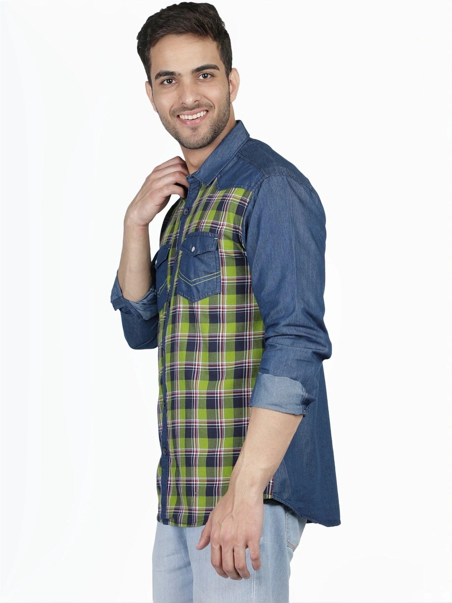 Kuons Avenue Green & Blue Slim Fit Checks Denim Shirt