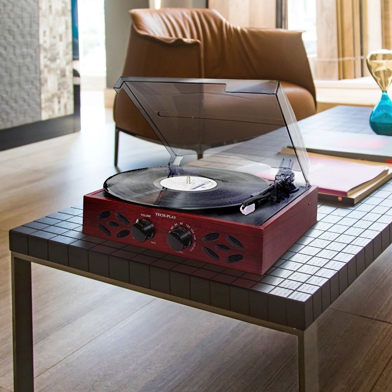 TechPlay 3 Speed Wooden Retro Classic Turntable with FM Radio, Headphone Jack and Built in Speakers - Wood