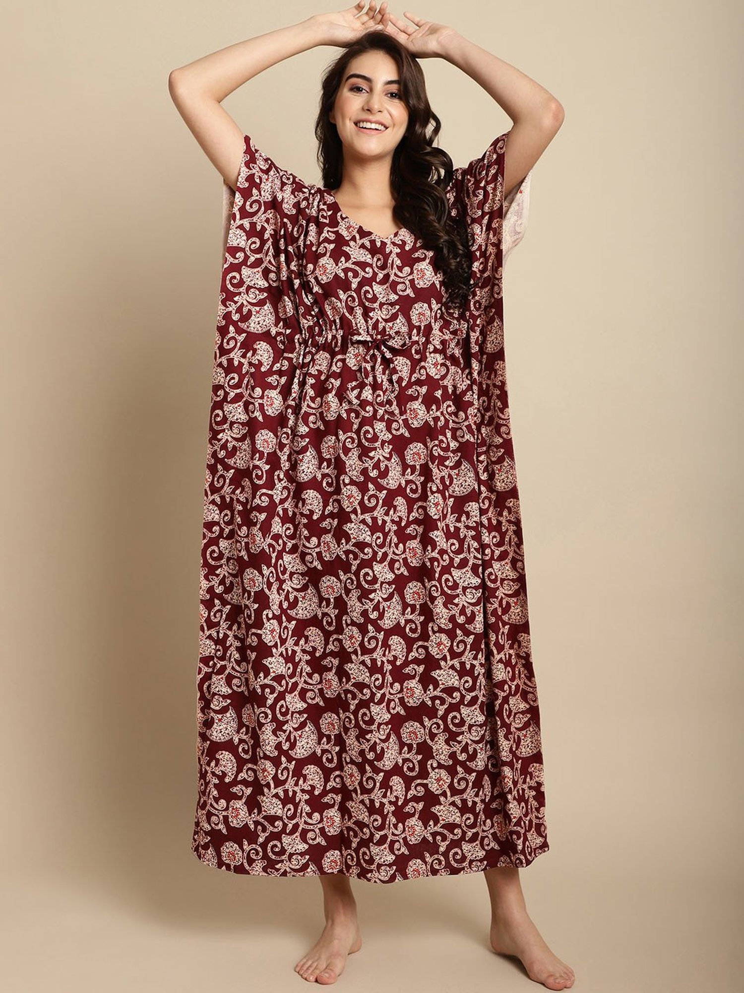 Secret Wish Maroon Floral Print Kaftan Nighty