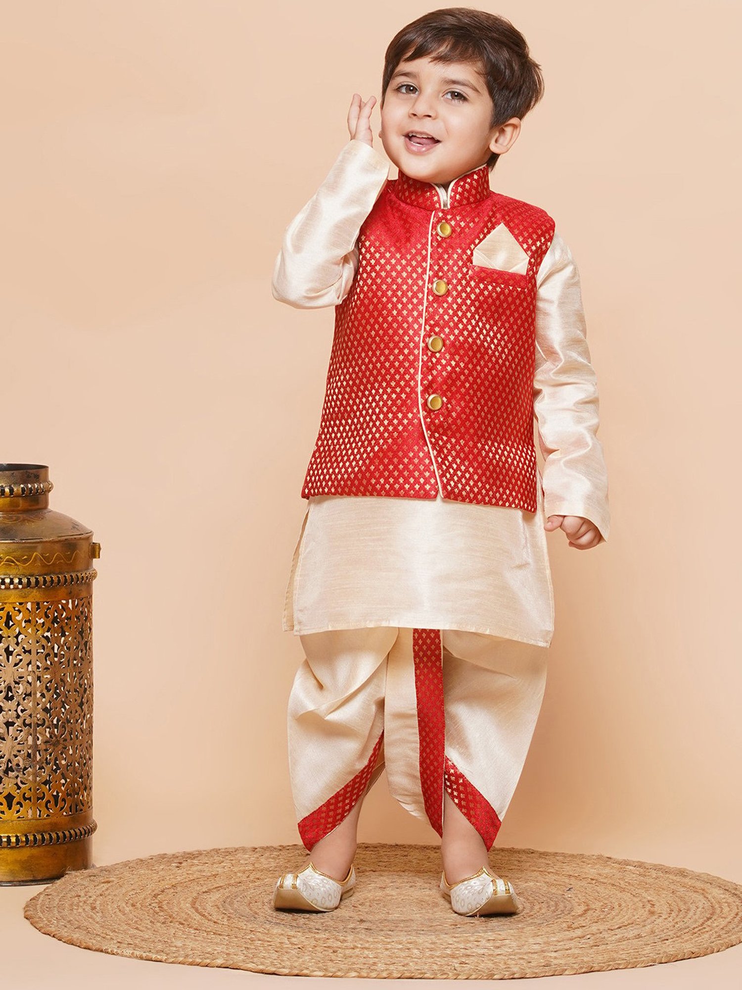 AJ Dezines Kids Beige & Red Self Design Full Sleeves Kurta, Dhoti with Waistcoat